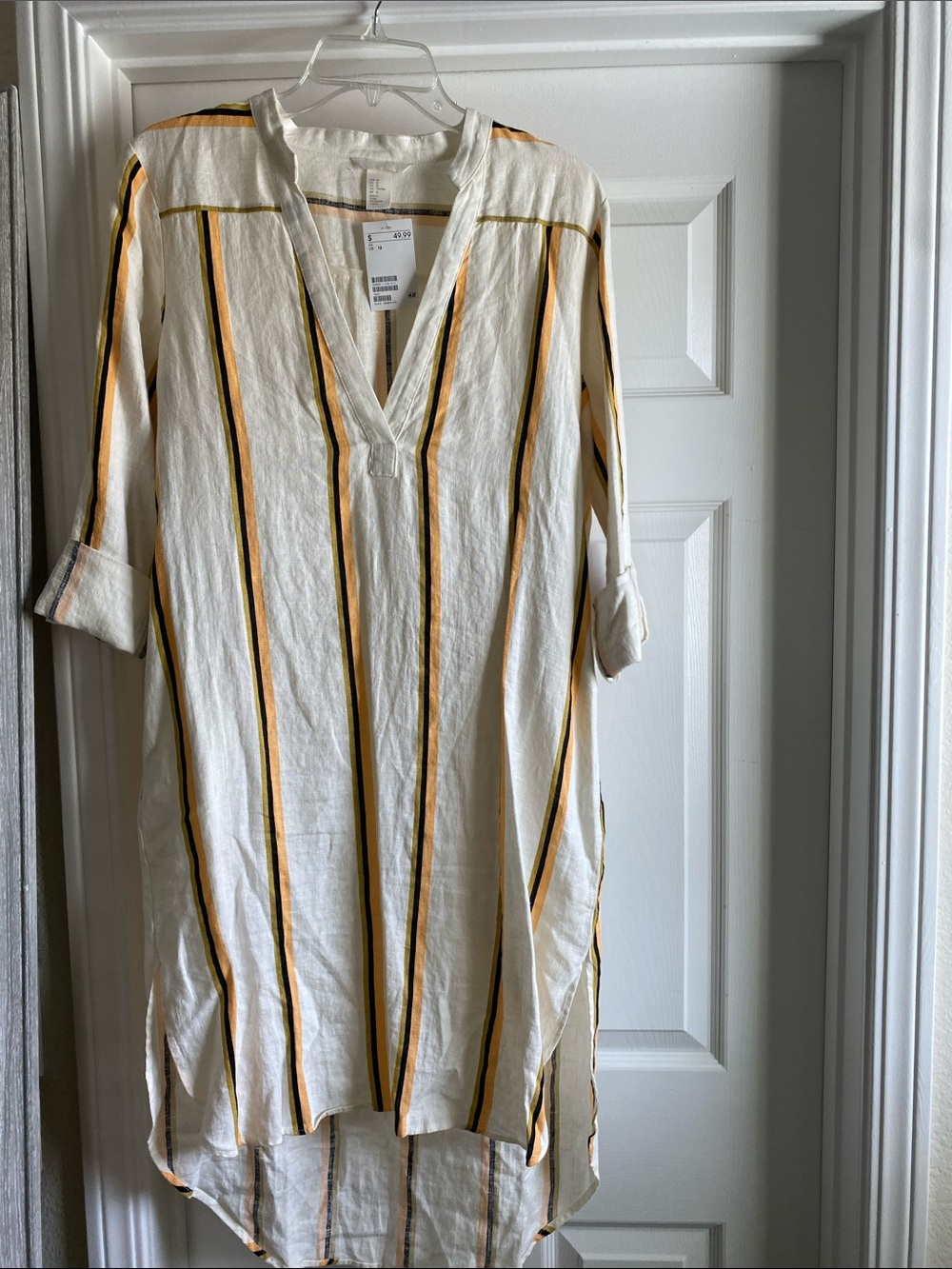 H&M 100% Linen Cream Tunic Dress with Yellow and Black Stripes
